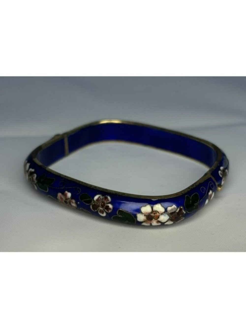 VTG Cloisonne Enamel Square Hinged Clamper Bangle Bracelet Cobalt Blue Floral